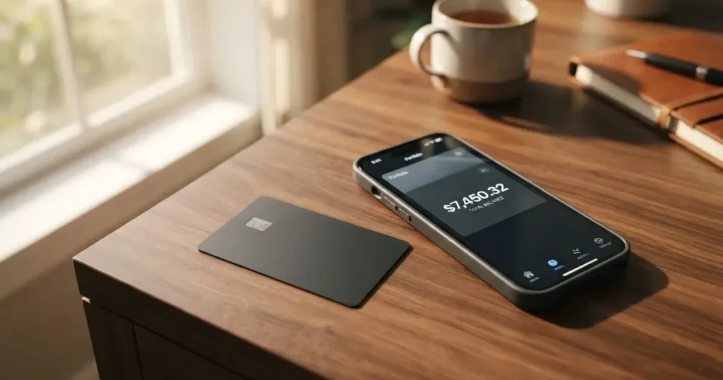 A payment card next to a phone with a crypto wallet app open