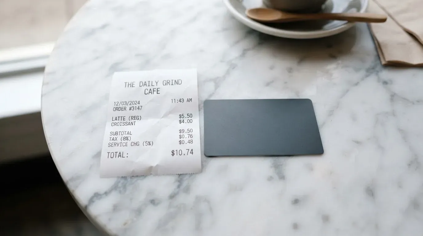 A receipt and a card on a café table