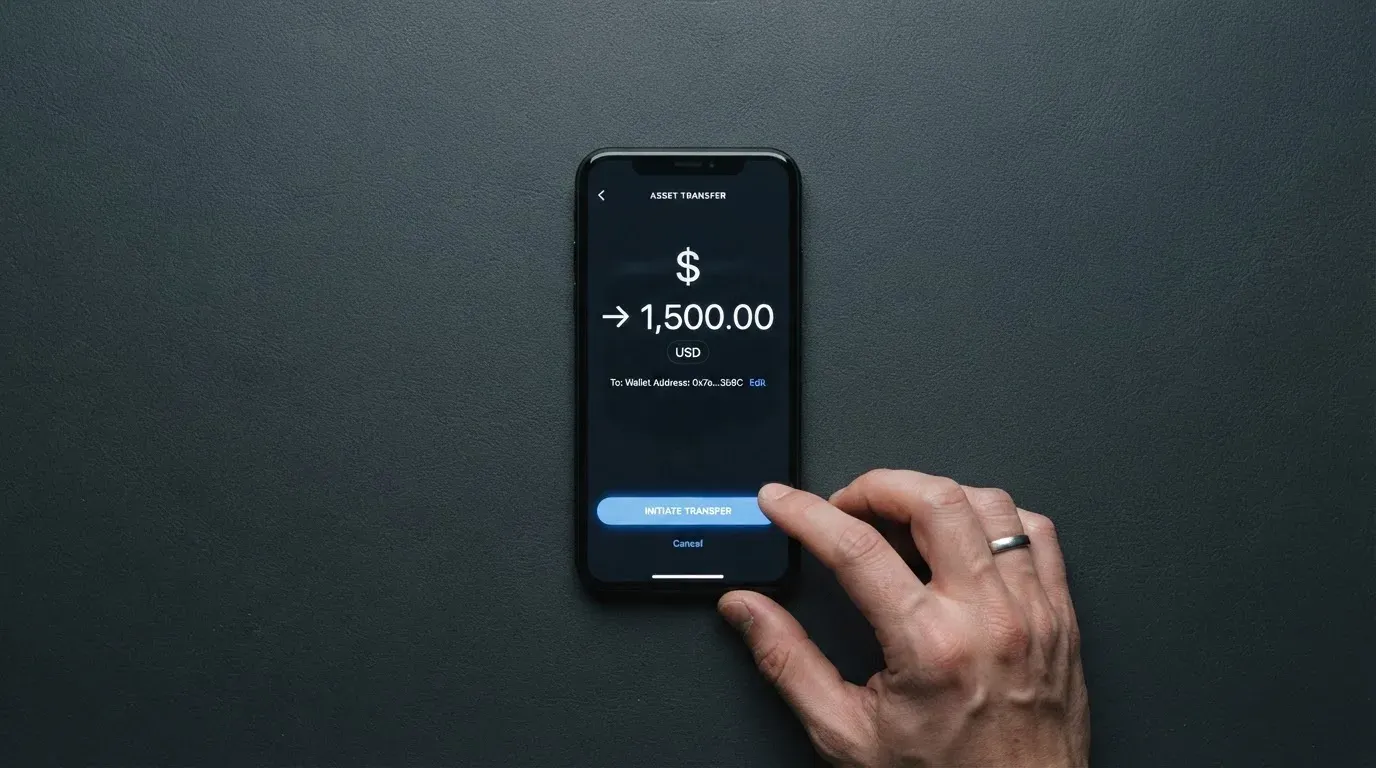A phone showing a stablecoin transfer screen