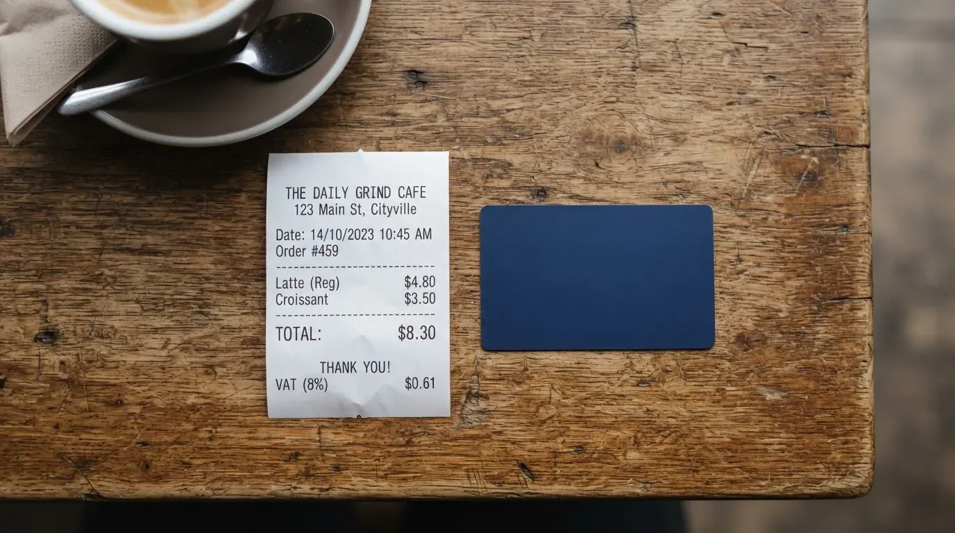 A receipt and a card on a café table