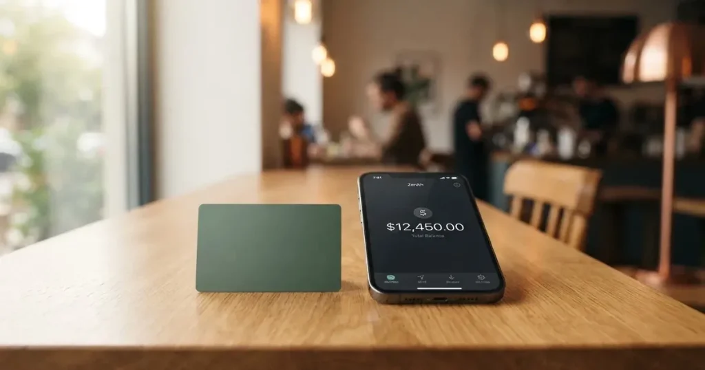 A payment card next to a phone with a crypto wallet app open