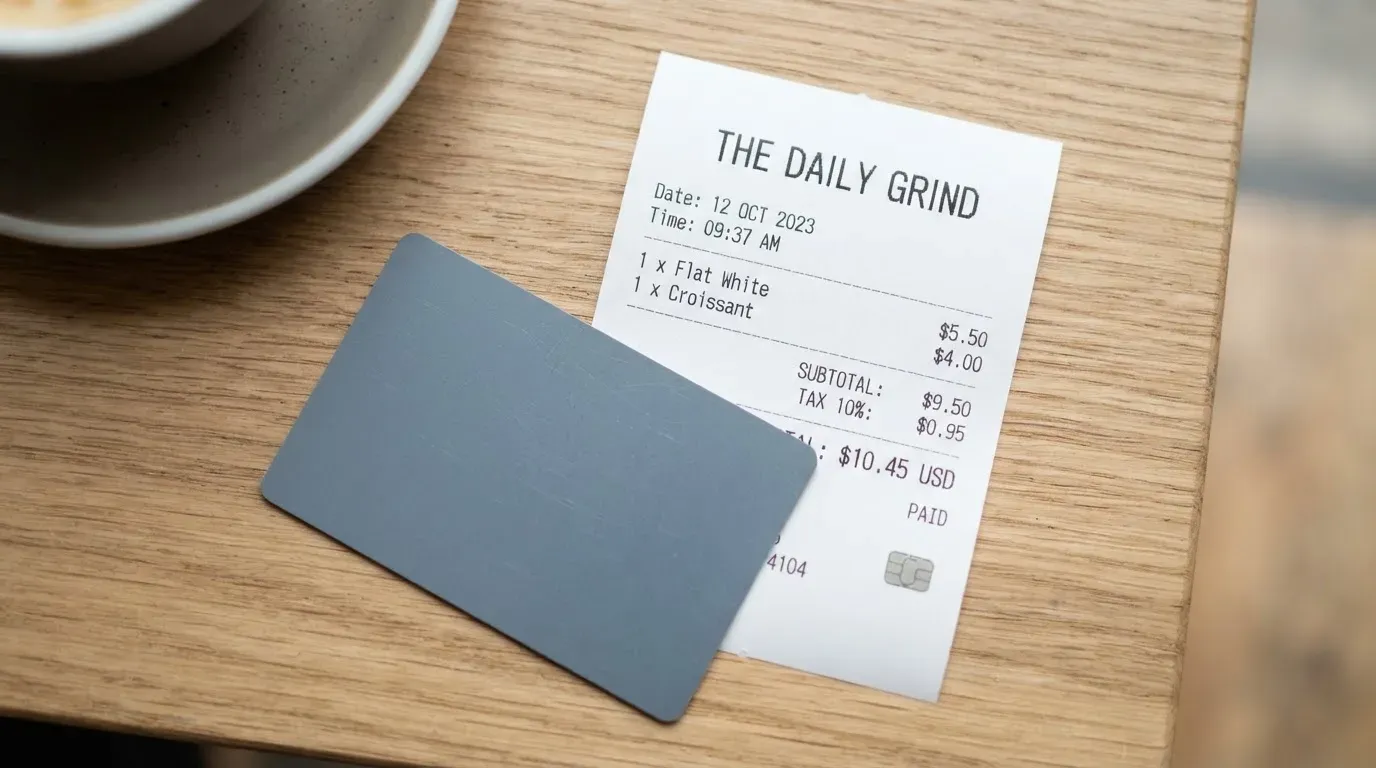 A receipt and a card on a café table