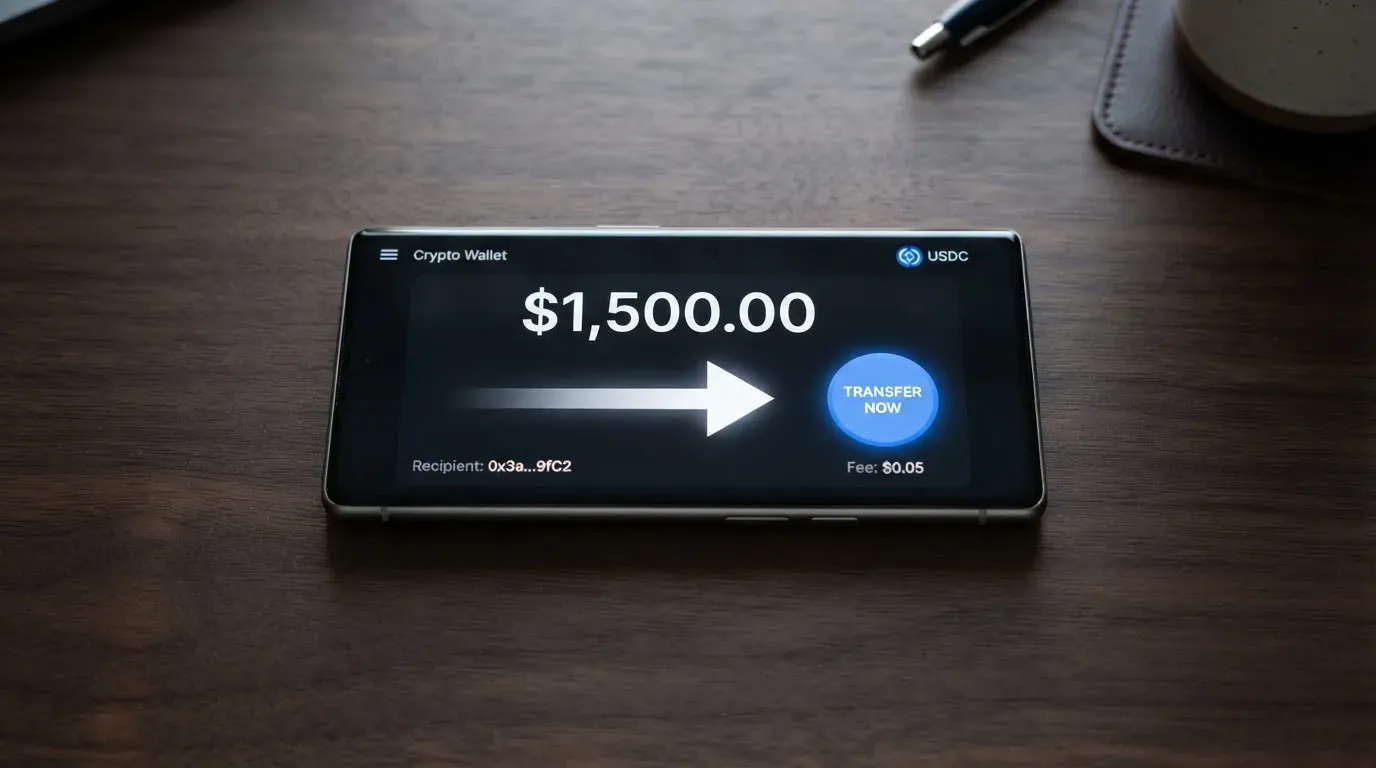 A phone showing a stablecoin transfer screen