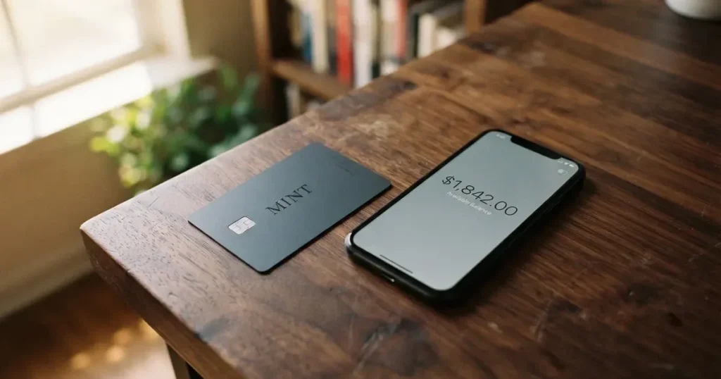 A payment card next to a phone with a crypto wallet app open