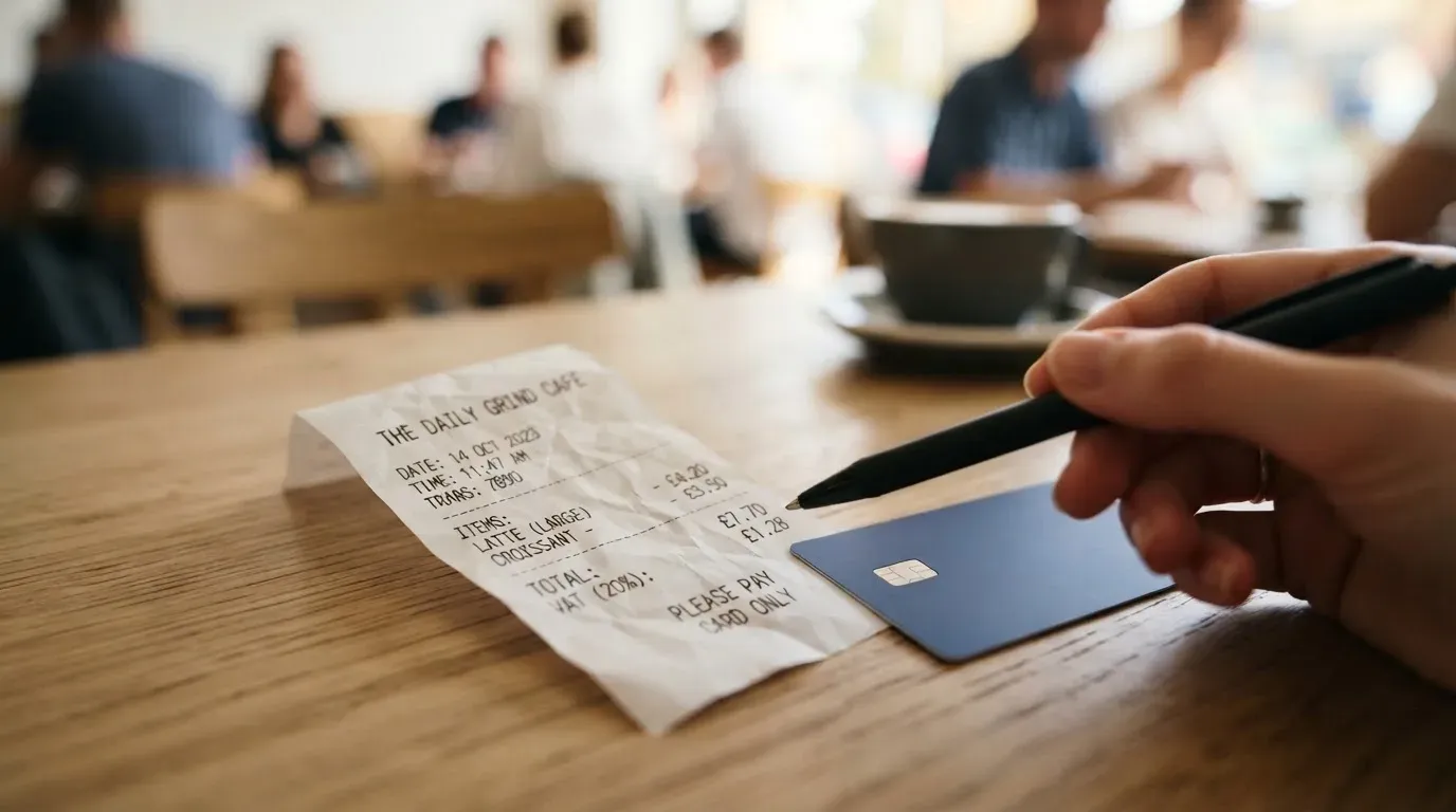 A receipt and a card on a café table