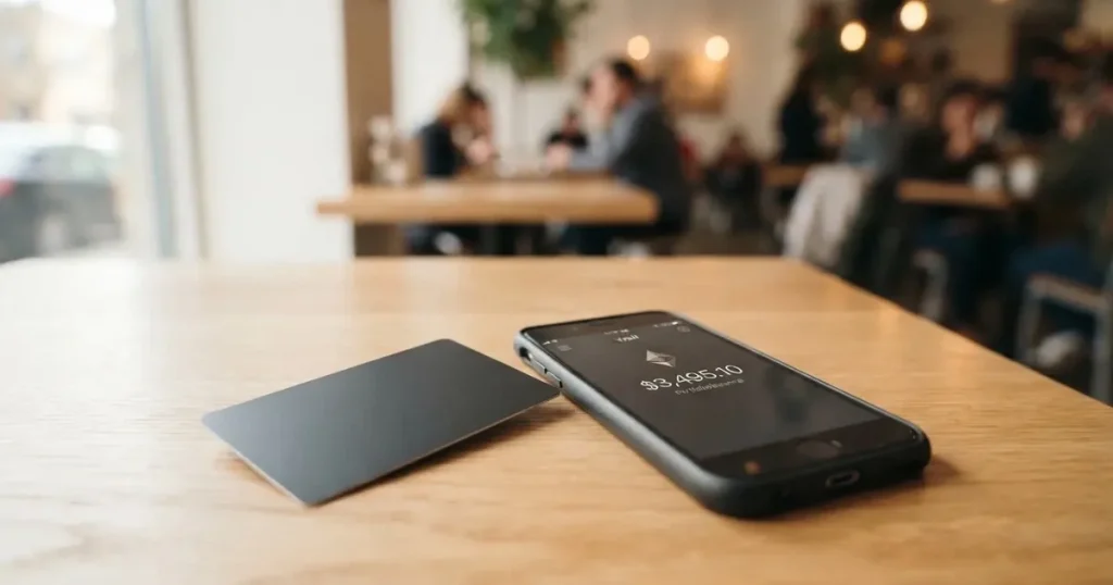 A payment card next to a phone with a crypto wallet app open
