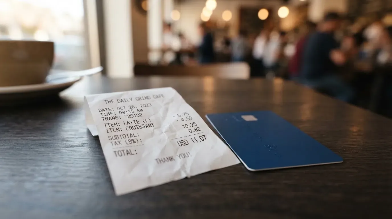 A receipt and a card on a café table
