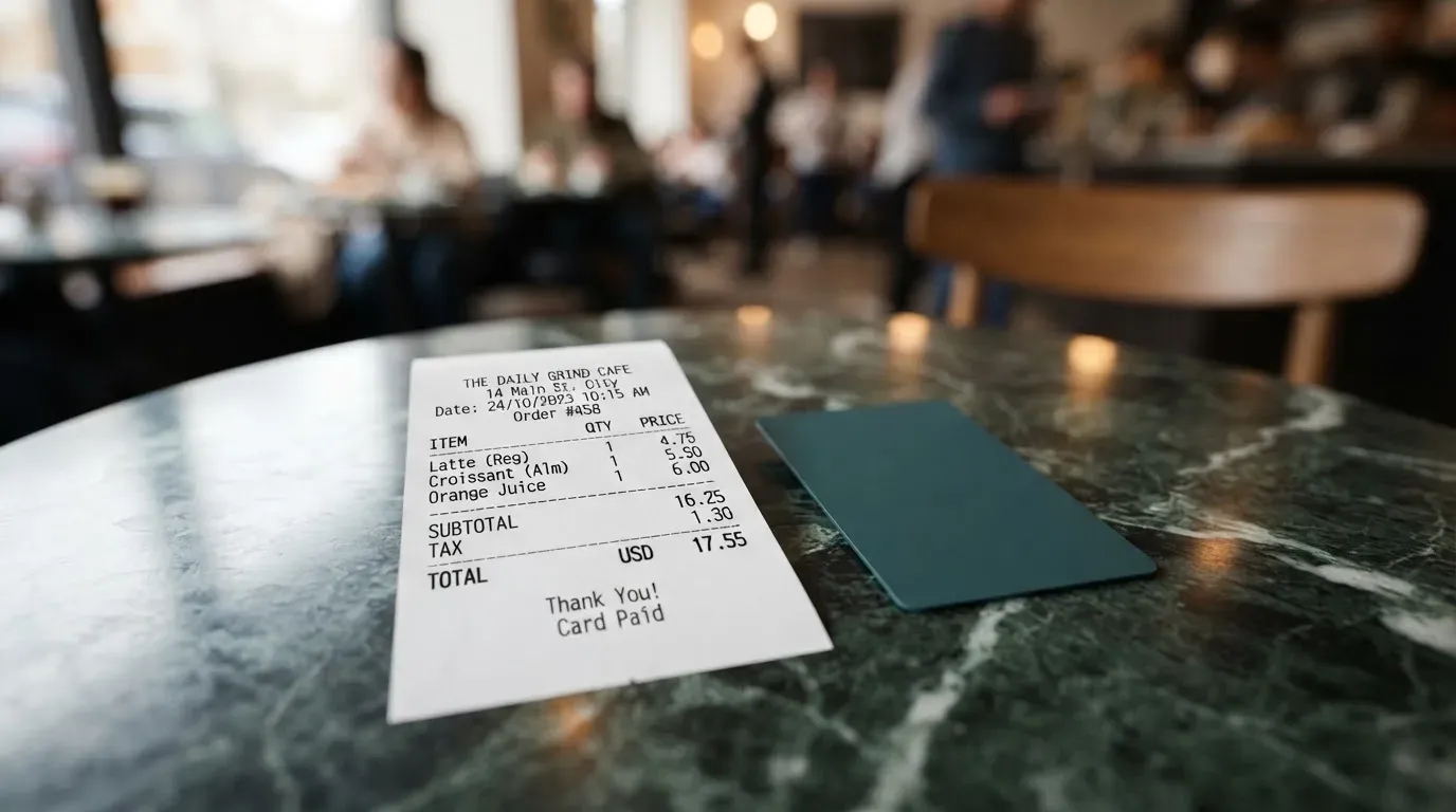 A receipt and a card on a café table