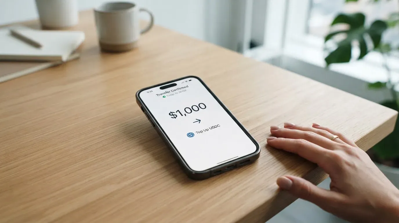 A phone showing a stablecoin transfer screen