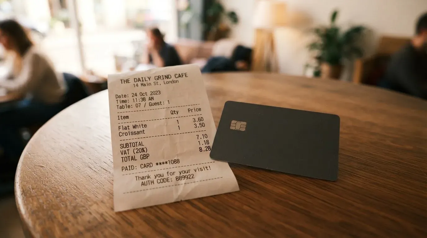 A receipt and a card on a café table