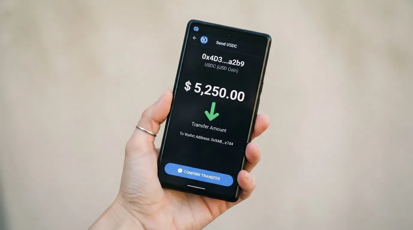 A phone showing a stablecoin transfer screen