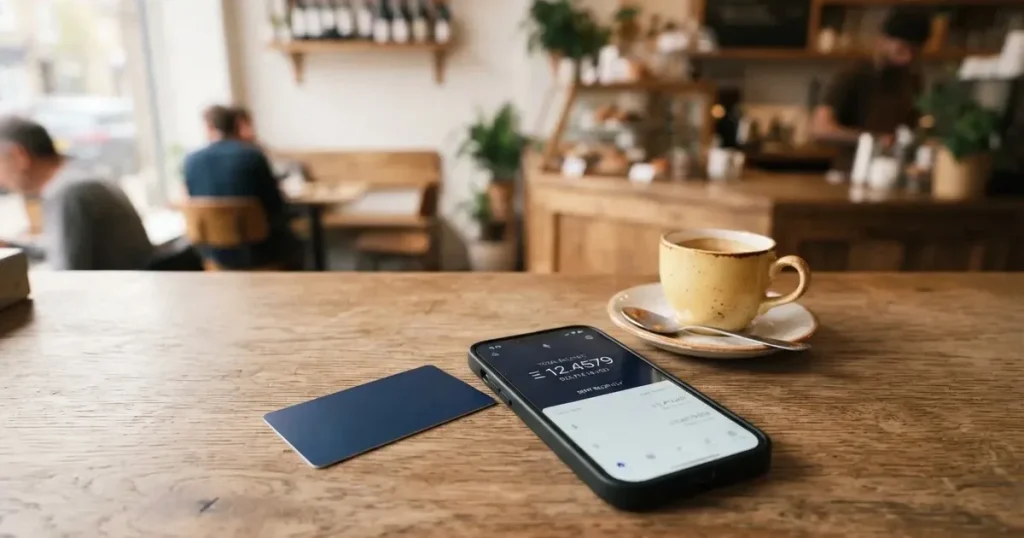 A payment card next to a phone with a crypto wallet app open
