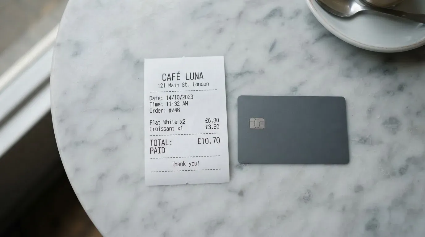 A receipt and a card on a café table