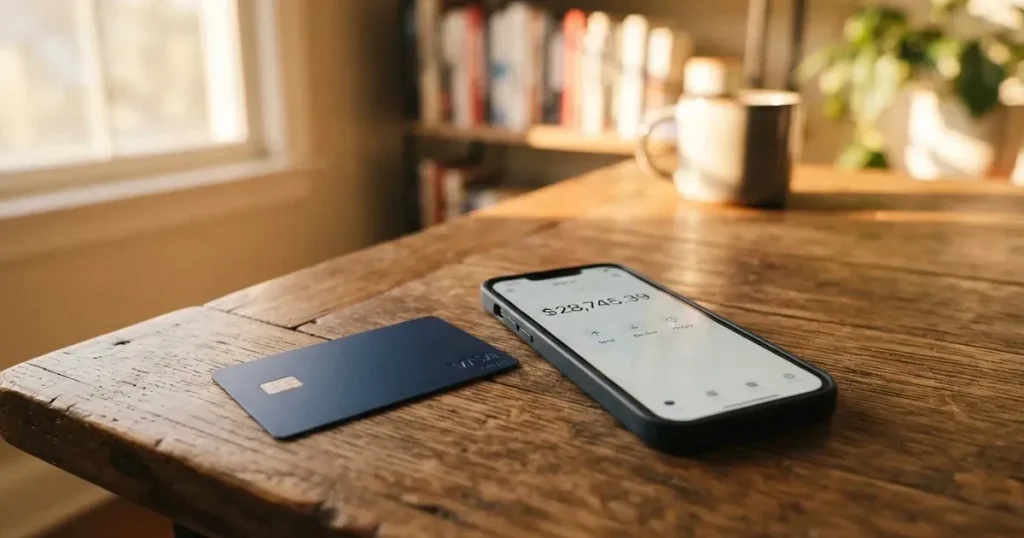 A payment card next to a phone with a crypto wallet app open