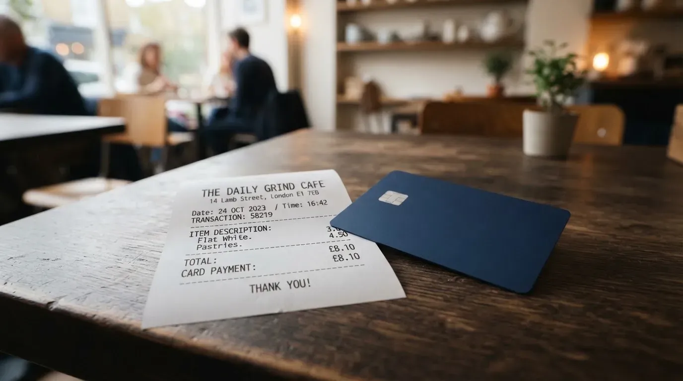 A receipt and a card on a café table