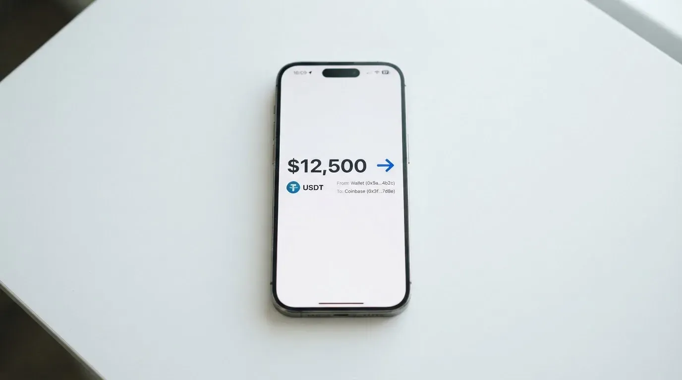 A phone showing a stablecoin transfer screen