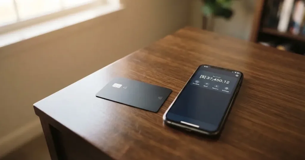 A payment card next to a phone with a crypto wallet app open