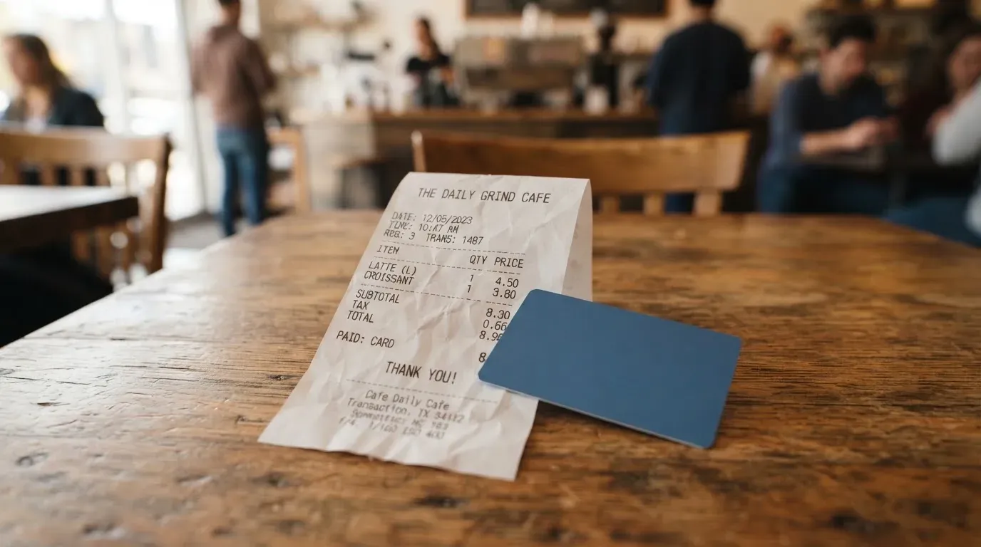 A receipt and a card on a café table