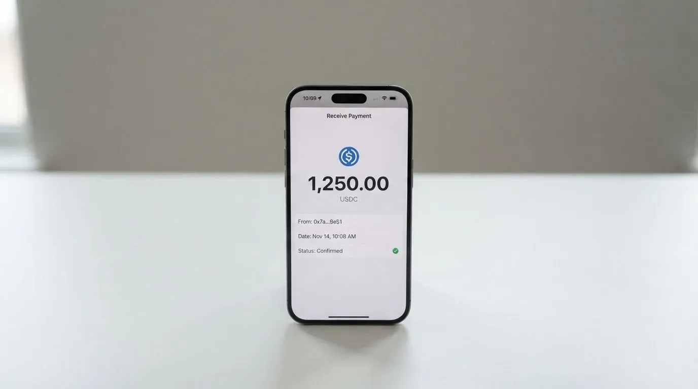 A phone showing a stablecoin transfer screen