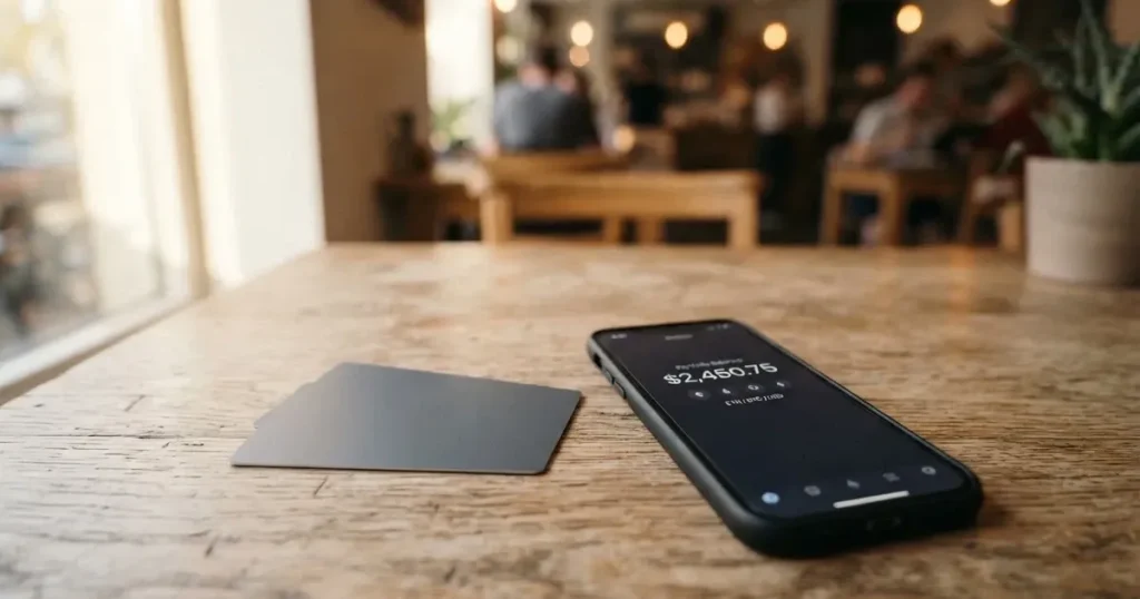 A payment card next to a phone with a crypto wallet app open