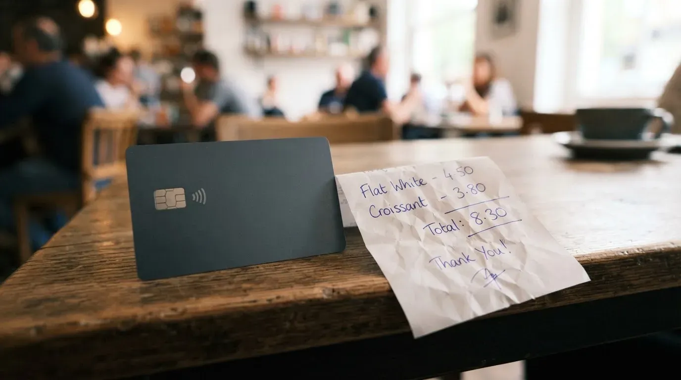 A receipt and a card on a café table