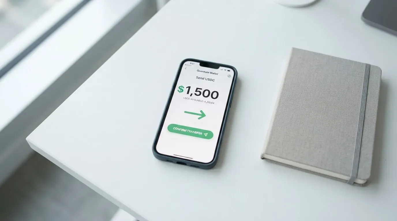 A phone showing a stablecoin transfer screen