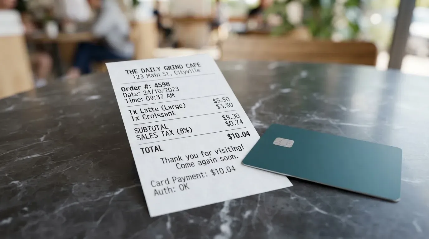 A receipt and a card on a café table