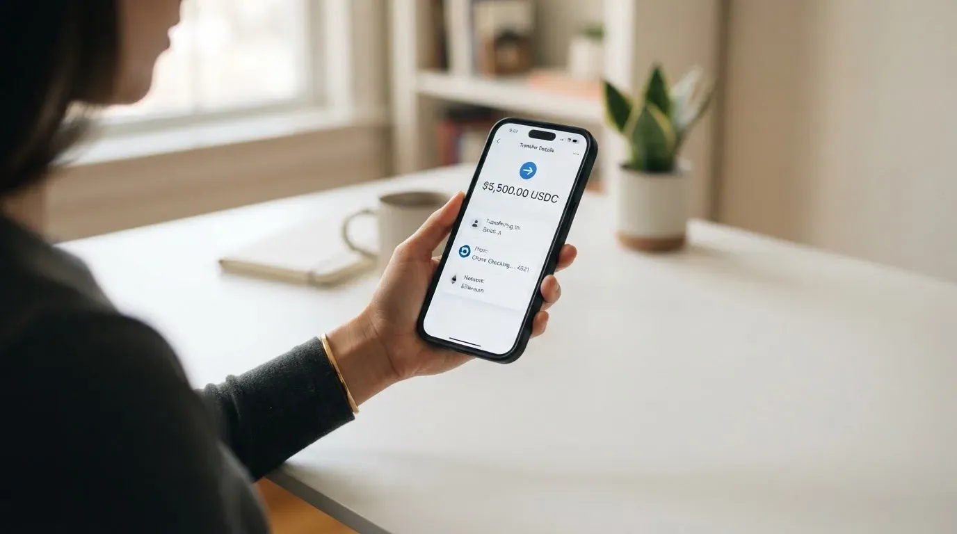A phone showing a stablecoin transfer screen