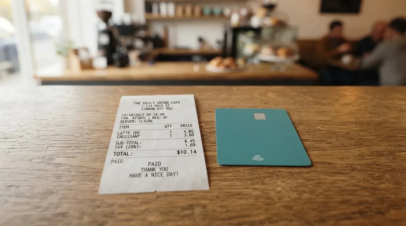 A receipt and a card on a café table