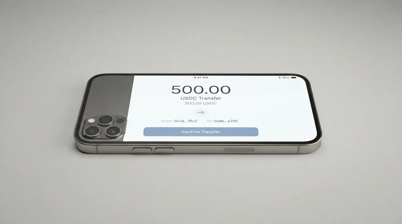 A phone showing a stablecoin transfer screen
