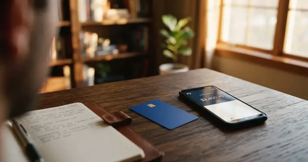 A payment card next to a phone with a crypto wallet app open