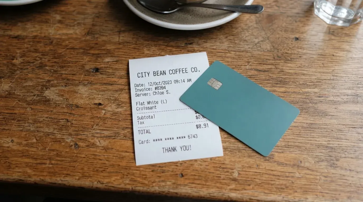 A receipt and a card on a café table