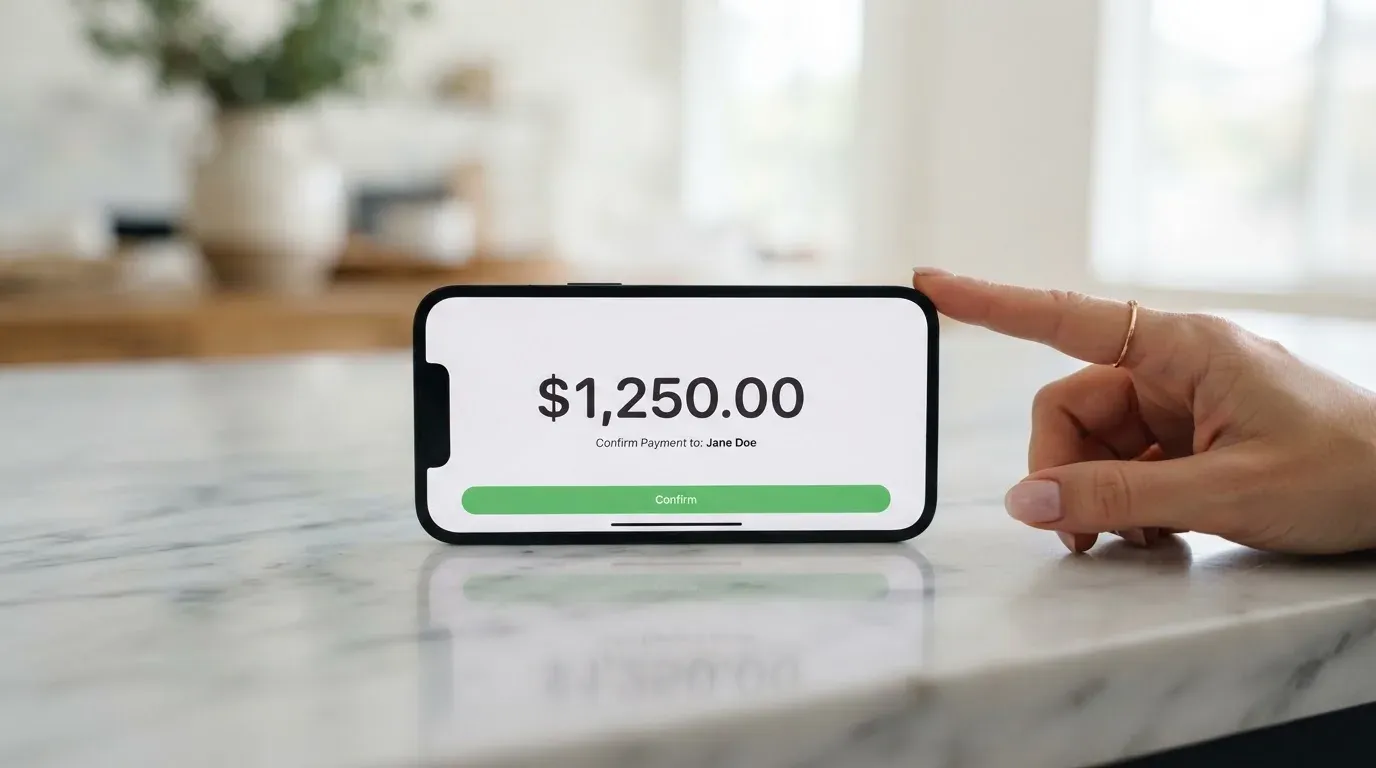 A phone showing a stablecoin transfer screen