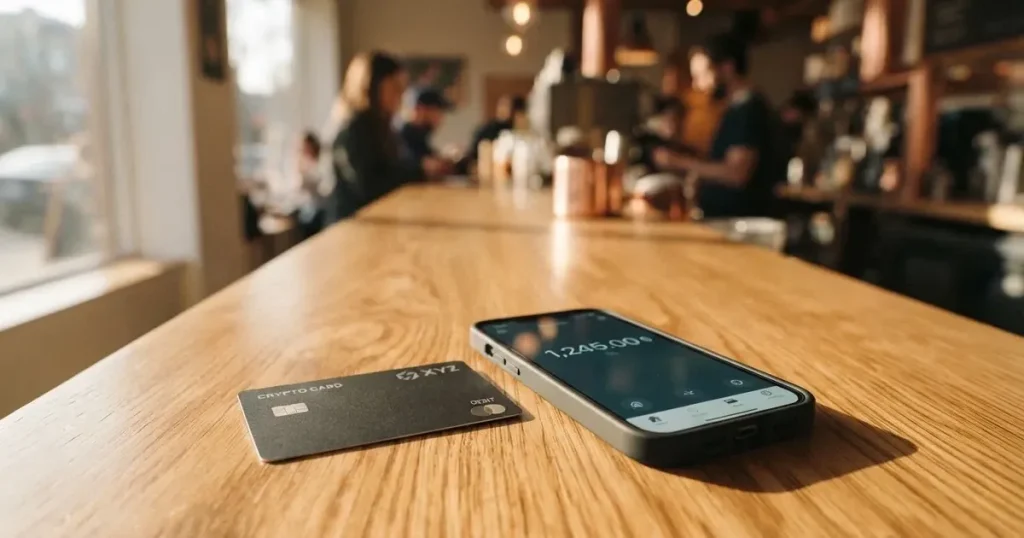 A payment card next to a phone with a crypto wallet app open