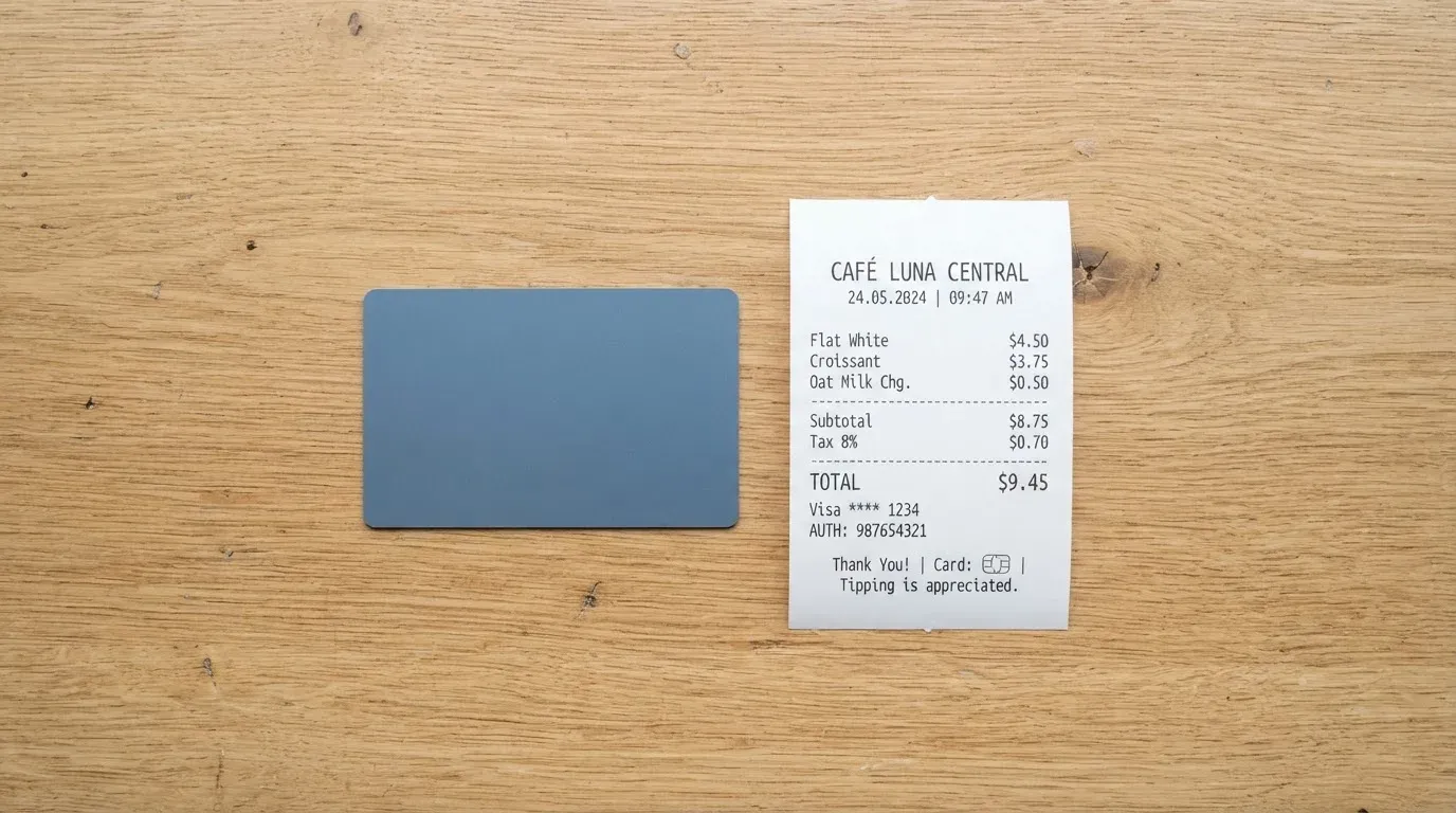 A receipt and a card on a café table