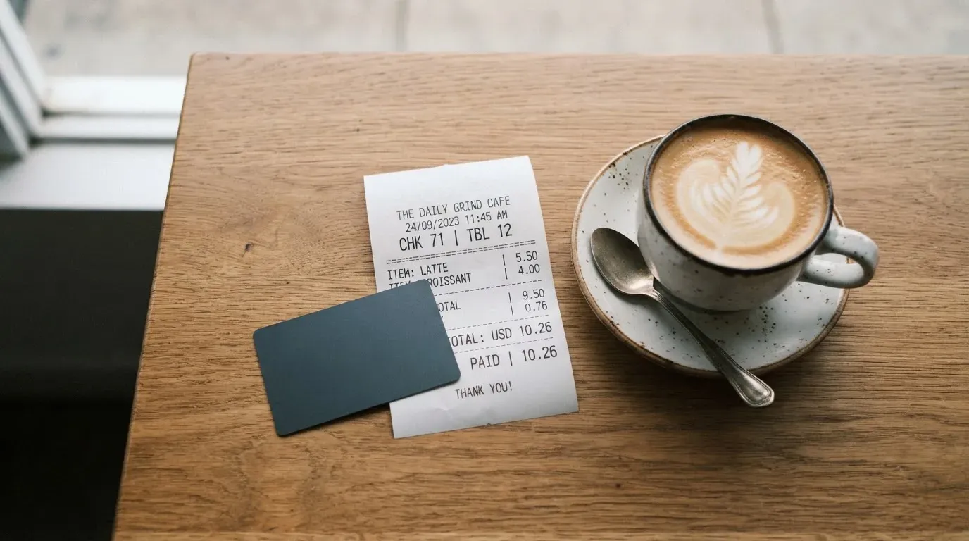 A receipt and a card on a café table