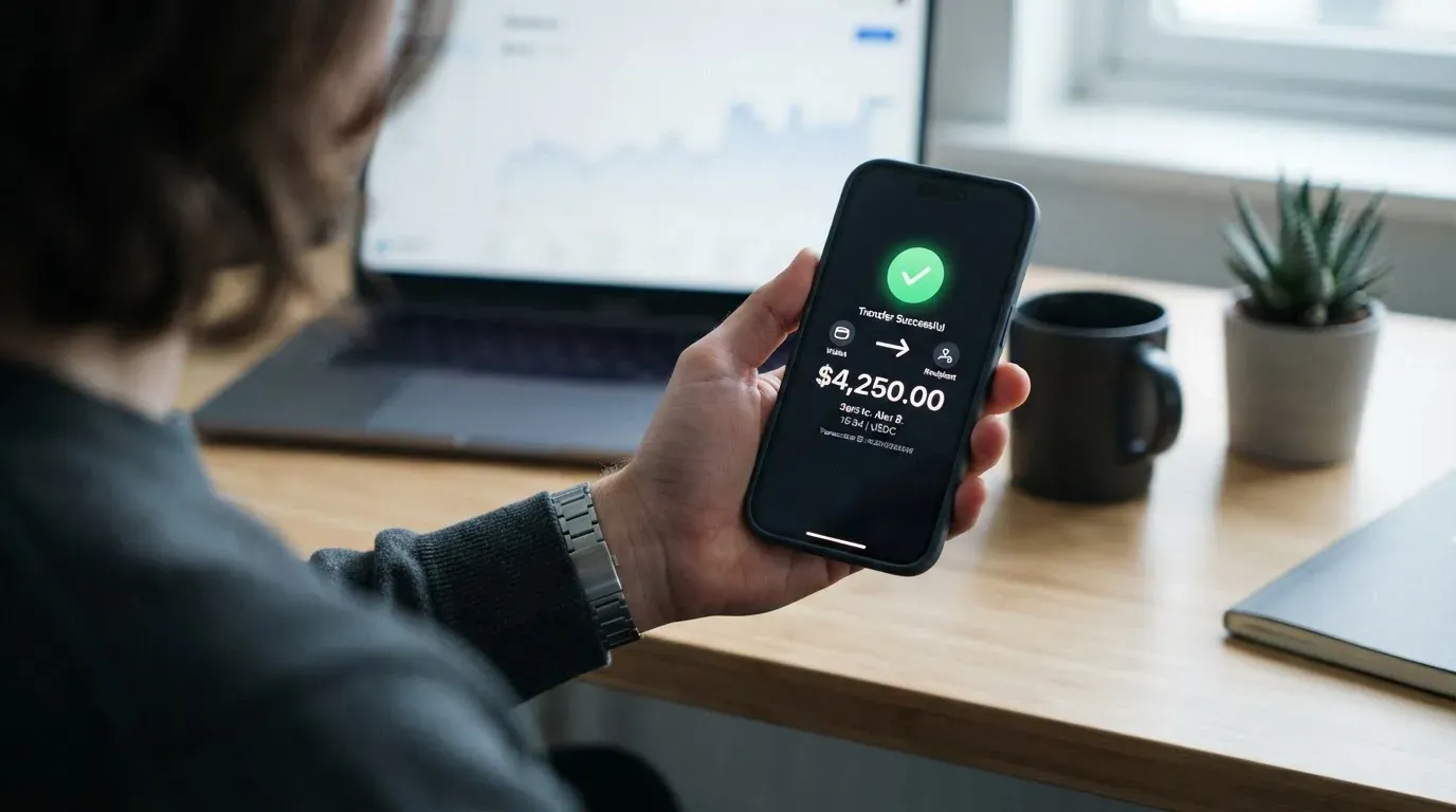 A phone showing a stablecoin transfer screen