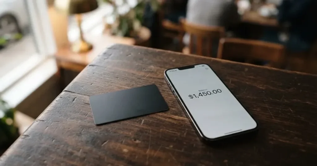 A payment card next to a phone with a crypto wallet app open