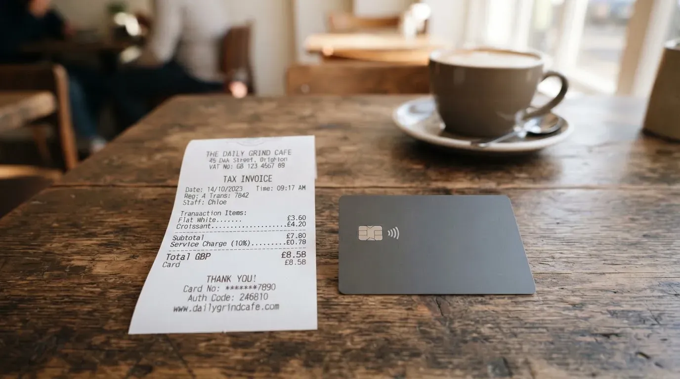 A receipt and a card on a café table