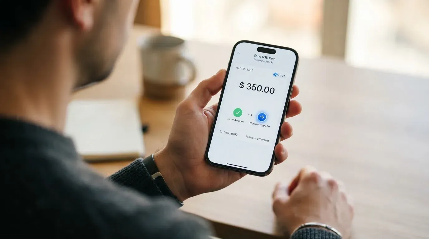 A phone showing a stablecoin transfer screen