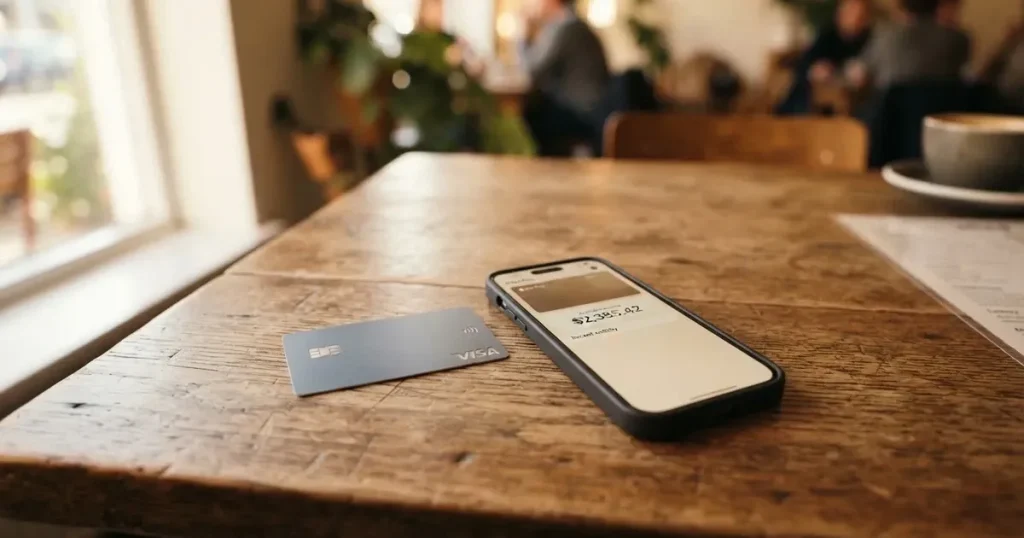 A payment card next to a phone with a crypto wallet app open