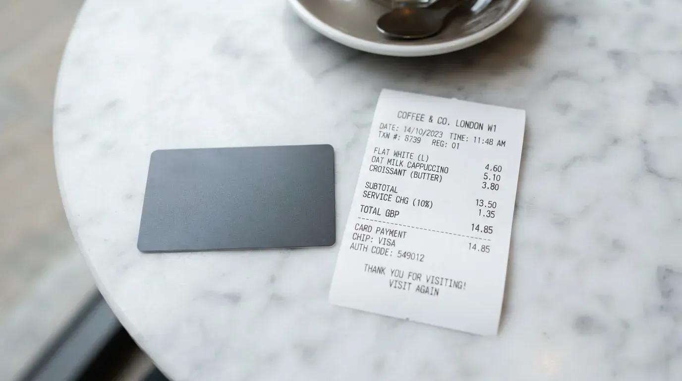 A receipt and a card on a café table