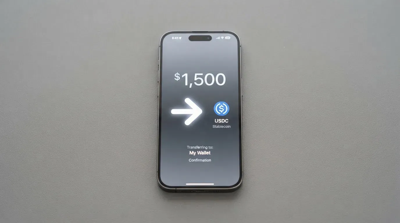A phone showing a stablecoin transfer screen