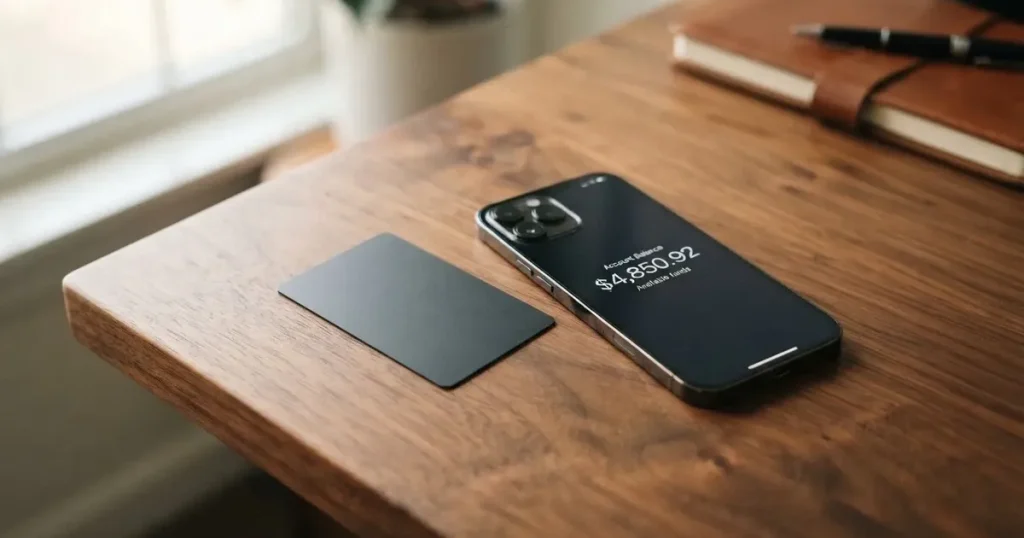 A payment card next to a phone with a crypto wallet app open