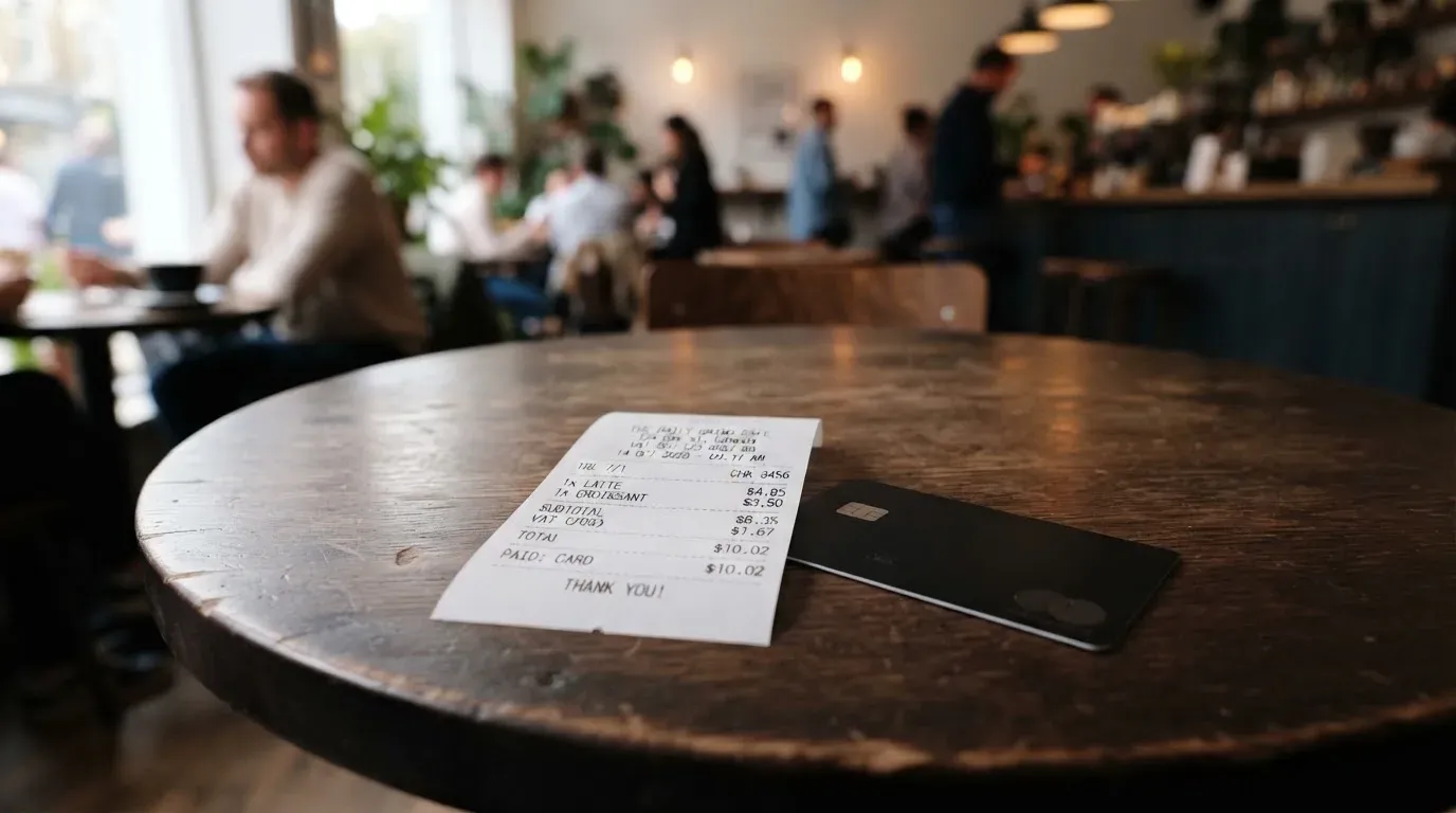 A receipt and a card on a café table