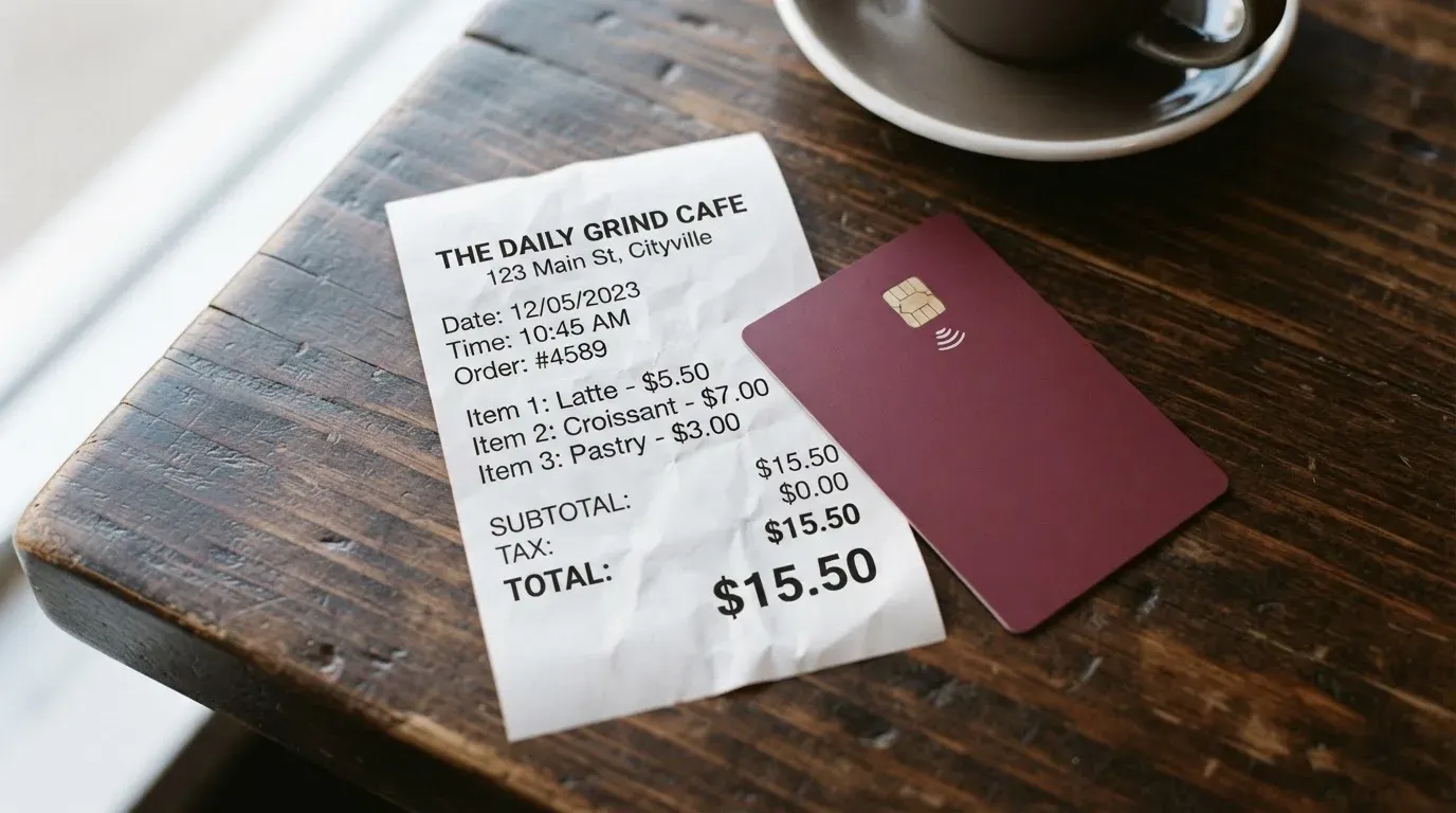 A receipt and a card on a café table