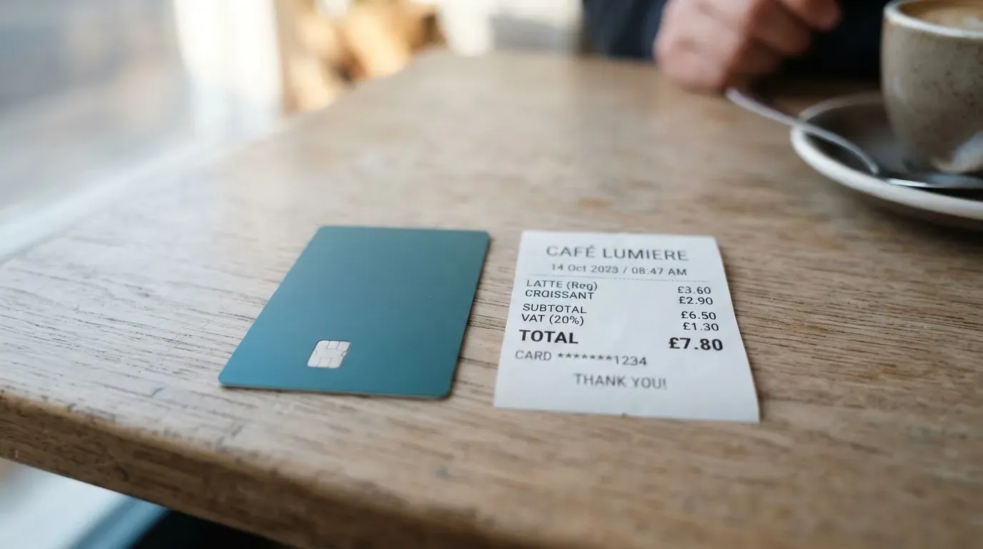 A receipt and a card on a café table