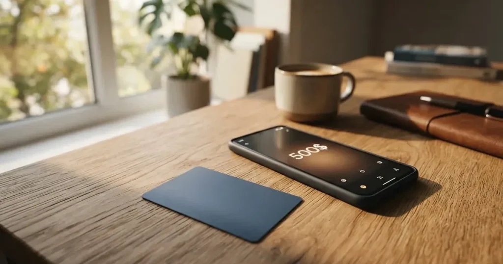 A payment card next to a phone with a crypto wallet app open