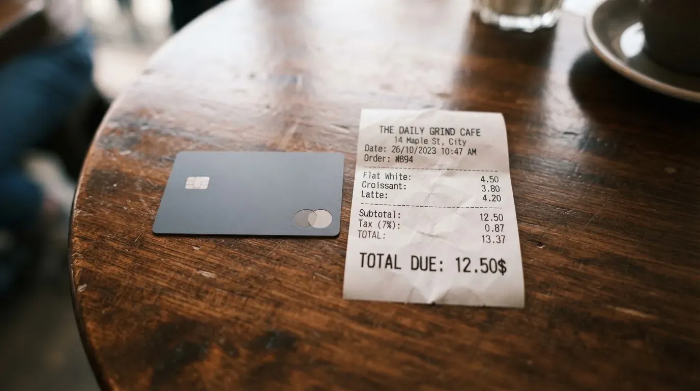 A receipt and a card on a café table