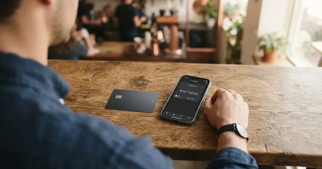 A payment card next to a phone with a crypto wallet app open